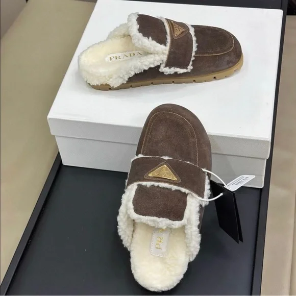 Prada Brown Shearling Platform Shoes - Picture 2 of 5